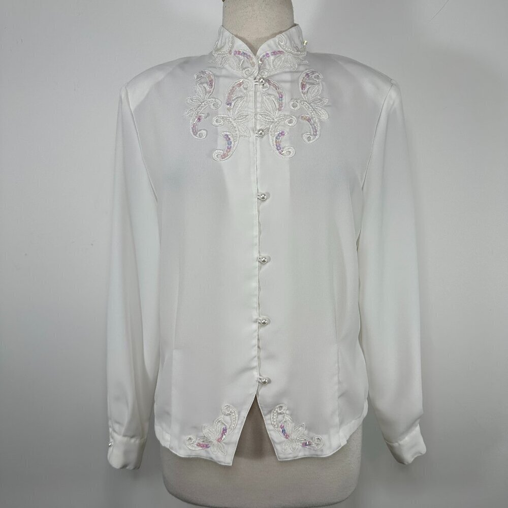 Vintage 80s Katie Chel White Satin Sequins Buttons Blouse Top Size 12  BestOnesW